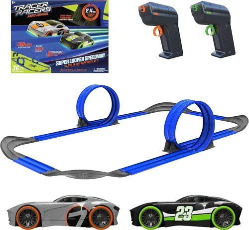 Juego de pista de carreras con control remoto inalámbrico que brilla en la oscuridad de alta velocidad con dos autos para carreras duales, azul
