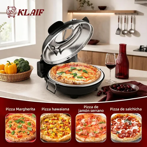Miniatura 8 de KLAIF Horno eléctrico de pizza de 12 pulgadas para encimera con piedra de cerámica, controles de temperatura ajustables duales, incluye 4 Negro