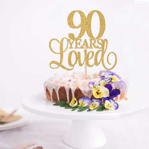 Miniatura 4 de 90 años de amor saludos al 90 aniversario, suministros de recuerdo de fiesta de cumpleaños con purpurina dorada