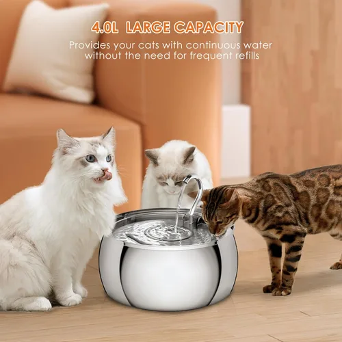 Miniatura 4 de Fuente de agua para gatos de acero inoxidable de 4.0L/1.1 galones para beber, fuente de agua para mascotas para gatos en interiores, bomba ultra