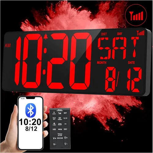 Miniatura 7 de XREXS Reloj de pared digital grande de 17.2 pulgadas, sincronización Bluetooth, relojes atómicos precisos con control remoto, reloj de abuelo