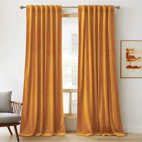 RYB HOME Cortinas de terciopelo dorado de 102 pulgadas, pestaña trasera, tela suave para oscurecer la habitación, aislamiento térmico, cortinas