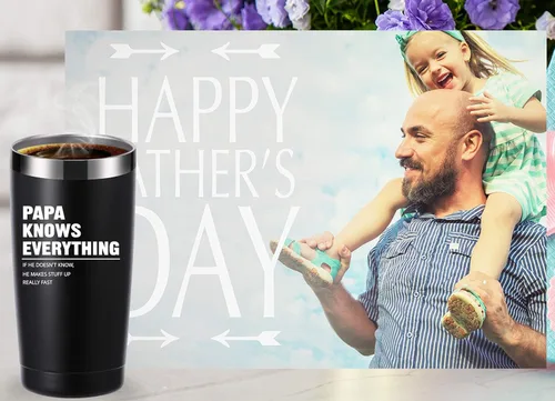 Miniatura 6 de momocici Vaso de 20 onzas con texto en inglés "Papa Knows Everything". Regalos para papá de hija, hijo, esposa. Regalos de cumpleaños, regalos