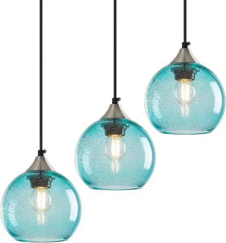 Miniatura 35 de Luces colgantes de cristal verde claro, iluminación de isla de cocina, luminarias de luz colgante de globo, iluminación colgante moderna