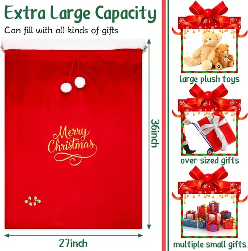 Miniatura 3 de Xuniea Bolsas Extra Grandes de Navidad de 35 x 28 Pulgadas, Saco Gigante de Papá Noel de Terciopelo Rojo con Cordón, Bolsas de Regalo Navideñas