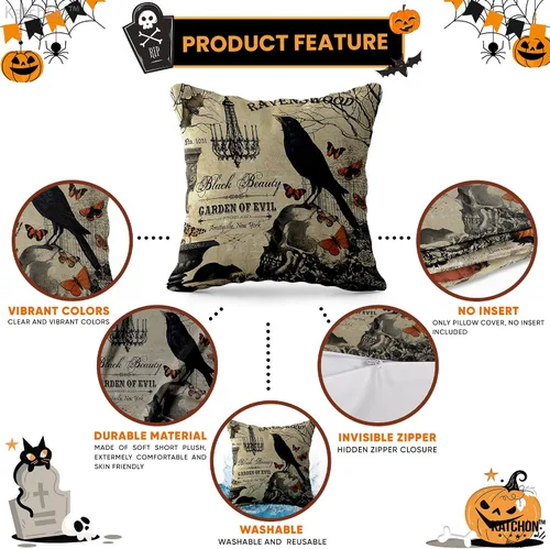 Miniatura 3 de KatchOn, Fundas de almohada vintage de Halloween de 18 x 18 pulgadas, paquete de 4 fundas de almohada de calavera Fundas de cojín de calabaza