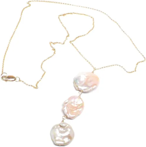 Miniatura 2 de Collar de cadena grande con pétalos barrocos cultivados de agua dulce y perlas de agua dulce con tres colgantes, relleno de oro de 24 pulgadas