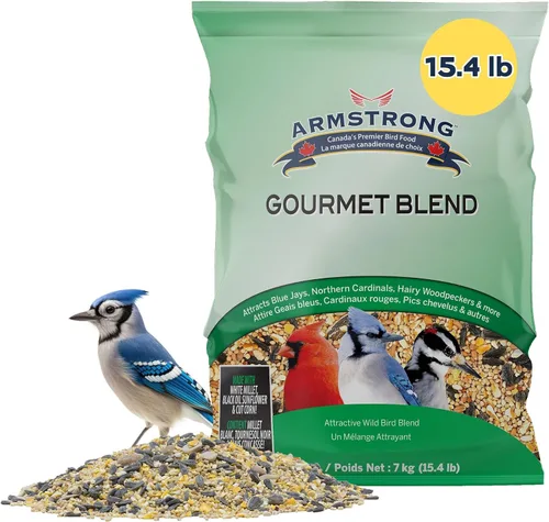 Armstrong Bird Food Mezcla gourmet, 15.4 libras, con mijo blanco y rojo, maíz cortado, trigo, girasol de aceite negro, girasol a rayas, maní y