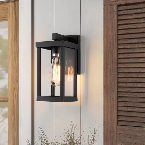 Miniatura 3 de mirrea Aplique de pared clásico para exteriores de 11 pulgadas, marco de metal rectangular negro mate y pantalla de vidrio transparente, luz