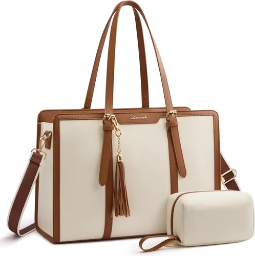 LOVEVOOK Bolsa para laptop para mujer, bolsa de lona ligera de 15.6 pulgadas, bolsa grande para computadora, con bolso de mano, para negocios, Beige