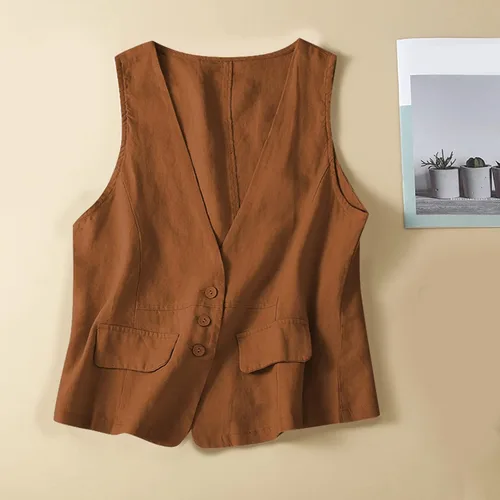 Miniatura 50 de COTECRAM Chaleco de lino de algodón para mujer, casual, sin mangas, con botones, ligero, para verano, holgado, ropa de abrigo