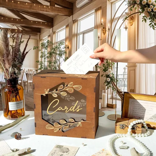 Miniatura 4 de Caja de tarjetas de boda marrón OurWarm con ventana de acrílico, caja de tarjetas de regalo de madera para decoraciones de recepción de boda, caja