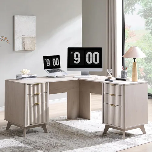 T4TREAM Escritorio Ejecutivo en Forma de L Acanalado de 60", Escritorio Moderno para Oficina en Casa con Estación de Carga y Cajón para Archivos,
