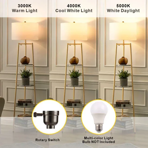 Miniatura 7 de ROSEN GARDEN Lámpara de pie, luz de lectura de pie con estantes y pantalla de tela, lámpara moderna de poste alto, iluminación decorativa de muebles