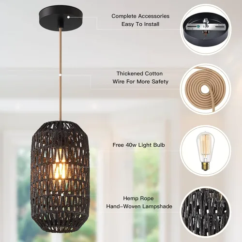 Miniatura 6 de Ruzectt Luminarias Colgantes Luces Colgantes de Ratán Negro para Isla de Cocina con Cable de Algodón Dorado Ajustable de 72 pulgadas, Lámpara