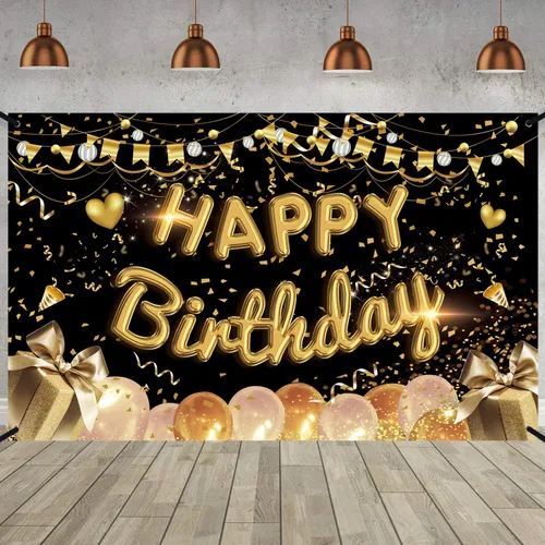 Cartel de fondo de feliz cumpleaños extra grande de tela negro dorado cartel cartel fondo de cabina de fotos para hombres mujeres cumpleaños