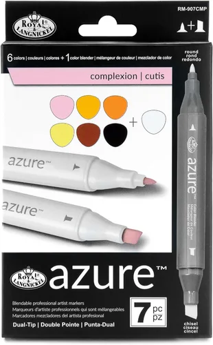 Royal & Langnickel Azure, juego de marcadores a base de alcohol de doble punta de 7 piezas, incluye 6 marcadores y 1 licuadora, colores de tez