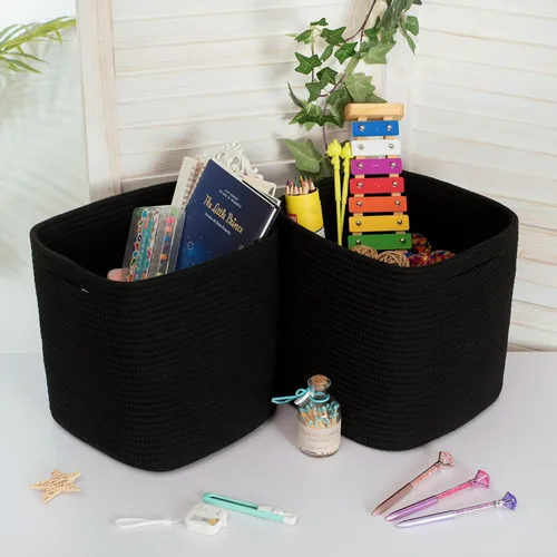 Miniatura 6 de MINTWOOD Design Paquete de 3 cubetas de almacenamiento de 11x11 pulgadas, organizador tejido, lindas cubetas cuadradas para clóset, canastas Negro