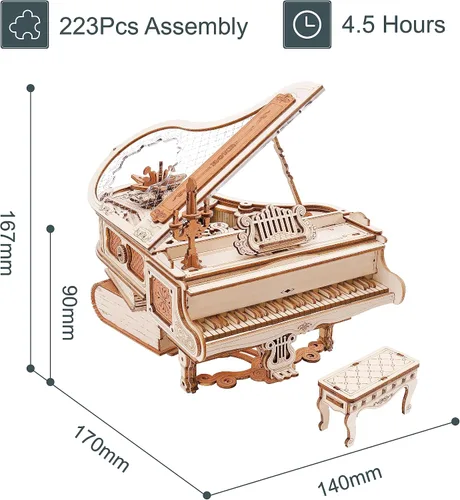 Miniatura 7 de ROKR Rompecabezas de madera 3D para adultos, 223 piezas, kit de modelo de piano a escala 1:20, rompecabezas de construcción, caja de música