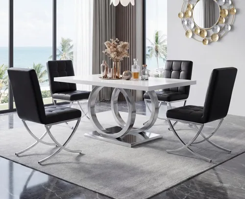 Miniatura 3 de EALSON Juego de 2 sillas de comedor modernas, tapizado de cuero negro con lengüetas de metal cromado y respaldos altos copetudos, sin brazos