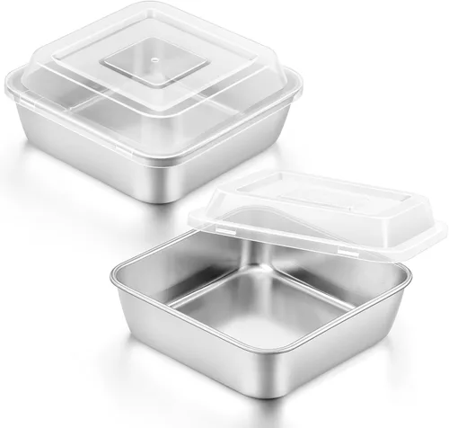 Miniatura 9 de E-far Juego de sartenes para hornear cuadradas de 6 x 6 pulgadas con tapa, bandejas pequeñas de acero inoxidable para pastel y brownie para horno