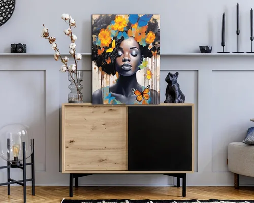 Miniatura 225 de Arte de pared afroamericano, decoración de rey y reina bailarín negro para sala de estar, arte de pareja de amor negro para dormitorio, lienzo