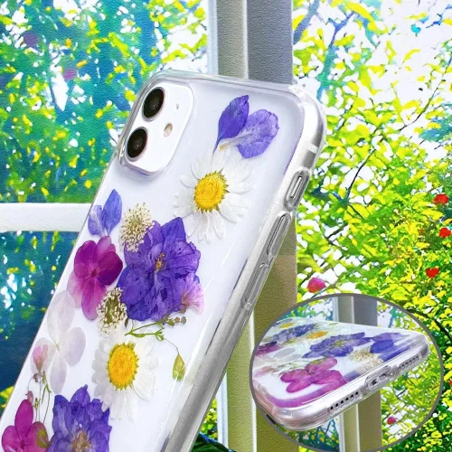 Miniatura 6 de Abbery Funda transparente para iPhone 11 con diseño de flores moradas, bonita funda protectora de silicona suave TPU real seca prensada floral