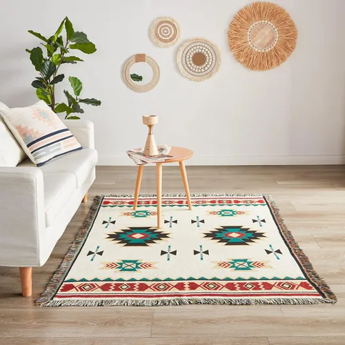 Miniatura 4 de Touchat Manta de nativos americanos, decoración occidental, manta bohemia para sofá, manta decorativa mexicana de granja, manta tejida con Beige