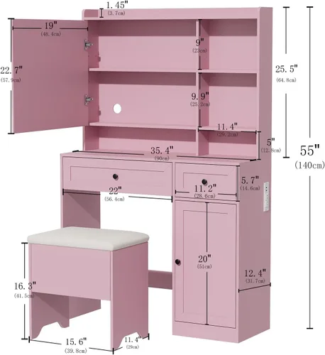 Miniatura 6 de Mesa de tocador con almacenamiento oculto y espejo LED, incluye taburete acolchado, 5 compartimentos, 2 cajones y 1 armario de almacenamiento, ideal