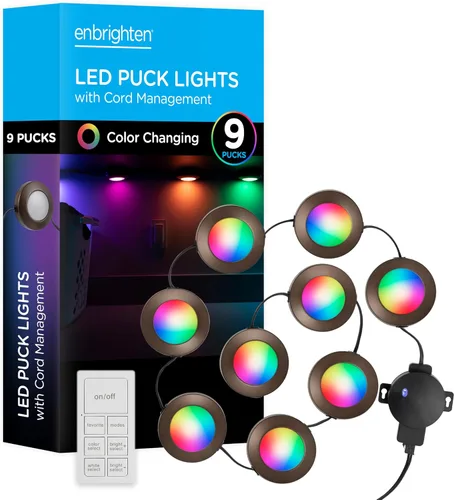 Enbrighten Spectrum 44092 - Discos LED, 9 discos, multicolor o blanco, regulables, luces debajo del gabinete, luces de disco, control remoto