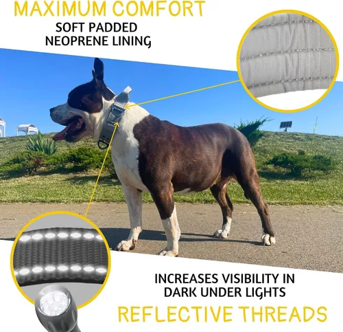 Miniatura 4 de ADITYNA Collar de perro resistente para perros grandes, collar gris reflectante con asa para entrenar y caminar, ancho, grueso, táctico, acolchado