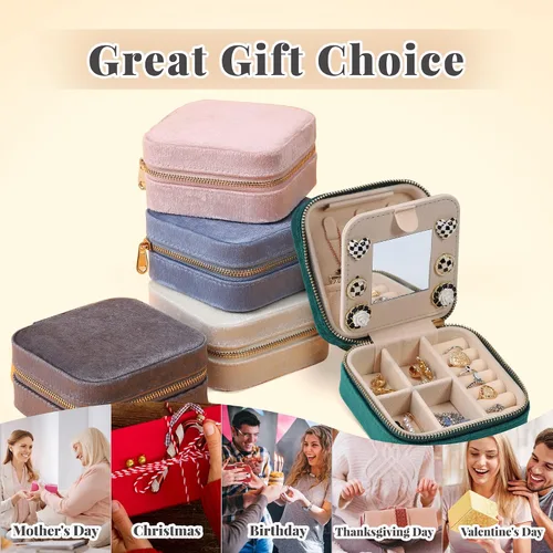 Miniatura 6 de Dajasan Joyero de viaje de terciopelo, mini estuche de joyería de viaje, pequeño organizador de joyas de viaje portátil con espejo para mujeres