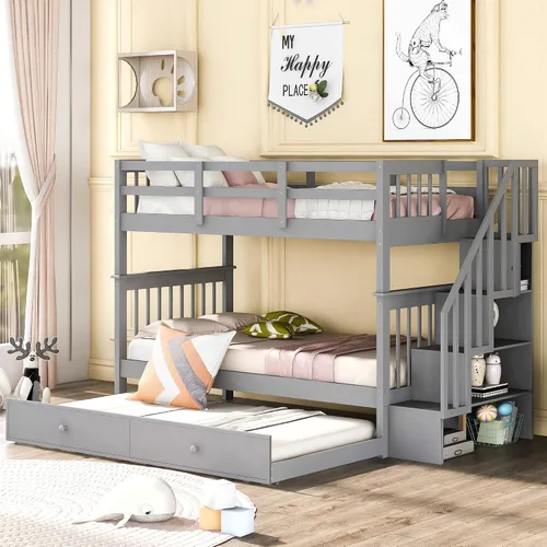 Miniatura 34 de Harper&Bright Designs - Litera individual sobre individual con barandilla de seguridad, escalera, cama nido individual con 3 cajones para niños