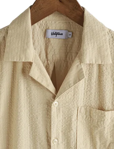 Miniatura 4 de VATPAVE Camisa de verano a rayas para hombre, casual, con botones, de manga corta, camisas de playa de algodón para hombres