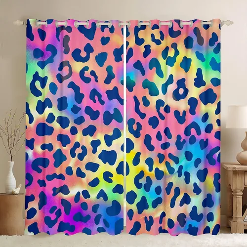 Feelyou Cortinas de ventana de leopardo para decoración de dormitorio, cortina de guepardo africano, diseño de leopardo arcoíris, cortinas de Multi