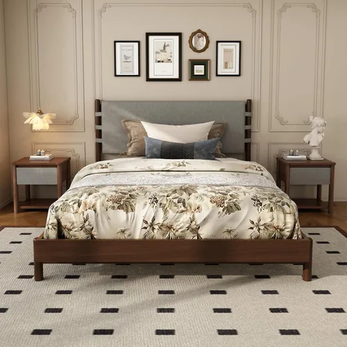 Miniatura 10 de Moderno juego de base de cama Queen con 2 mesitas de noche, cama de plataforma de madera beige con cabecero y mesitas de noche a juego