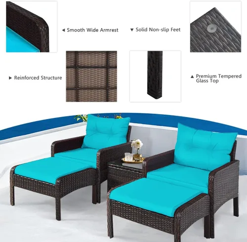 Miniatura 2 de Juego de muebles de mimbre para patio, juego de conversación de mimbre modular para exteriores con 2 otomanas y mesa de centro de vidrio templado