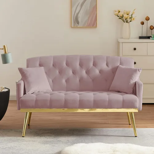 Miniatura 13 de hansones Sofá biplaza moderno de terciopelo de 55 pulgadas con patas de metal dorado y bolsillos laterales, respaldo copetudo, perfecto para sala