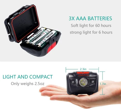 Miniatura 6 de Vekkia Linterna frontal LED ultra brillante - 5 modos de iluminación, lámpara de cabeza con LEDs blanco y rojo, accesorios para acampar. Luz frontal