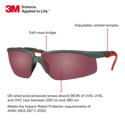 Miniatura 2 de 3M Gafas de seguridad, serie Solus 2000, ANSI Z87, antiarañazos, lente de espejo rojo, marco gris/rojo, patillas de trinquete ajustables