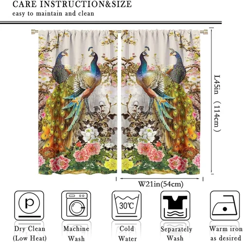 Miniatura 2 de Cortina opaca con estampado de pavo real, con estampado de animales retro, con bolsillo para cortinero y flores de peonía doradas, para dormitorio