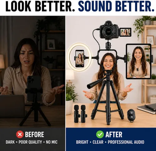 Miniatura 6 de Acuvar Kit de vlogging con trípode de luz de anillo – Kit de creación de contenido para iPhone, Android y tabletas, micrófono, control remoto