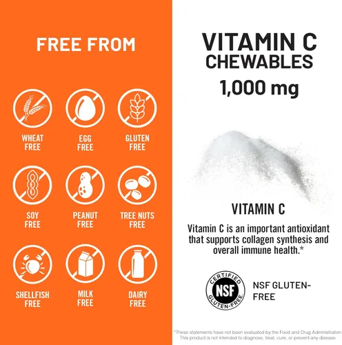 Miniatura 6 de NatureWise Vitamina C masticable extra fuerte 1000 mg para adultos, sabor natural a naranja, sistema inmunológico y apoyo antioxidante, sin OMG