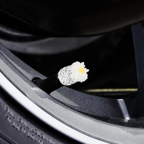 Miniatura 5 de 4 Pack de tapas de vástago de válvula brillantes con cristal de rhinestone en forma de margarita a prueba de polvo, universal para autos, camiones