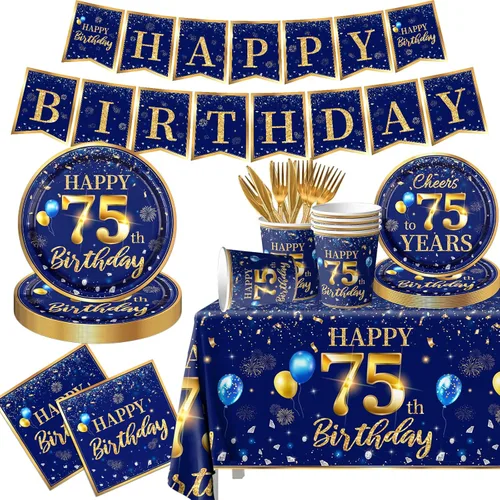Miniatura 15 de Decoración de cumpleaños número 16 para hombres - Juego de 142 piezas de vajilla azul marino y dorada para cumpleaños (sirve para 20) Incluye