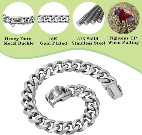 Miniatura 3 de Collares para perros de acero inoxidable plateado y dorado con cierre de seguridad, collar de cadena tipo cubano de 18 quilates para entrenamiento