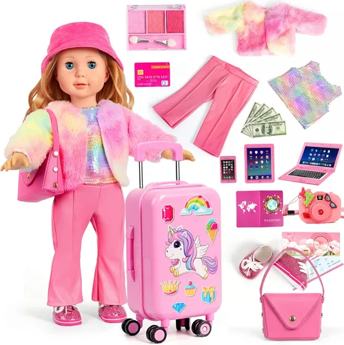 Miniatura 9 de WONDOLL 27 piezas de ropa y accesorios para muñecas americanas de 18 pulgadas - juego de viaje, maleta de equipaje, ropa y zapatos, bolso, gafas