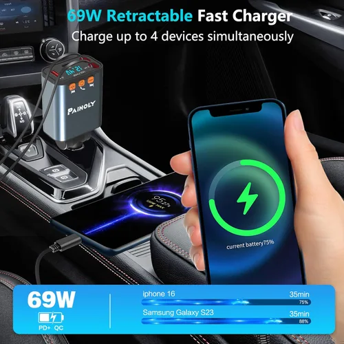 Miniatura 5 de Adaptador Bluetooth 5.3 para automóvil, transmisor FM cargador de coche Bluetooth, cargador de coche retráctil 4 en 1, adaptador de carga rápida USB