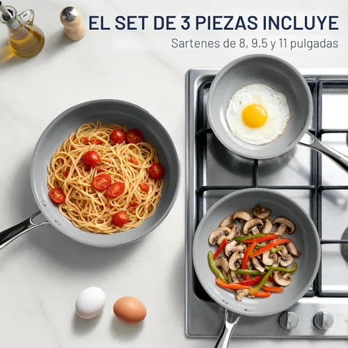 Miniatura 7 de Kikcoin - Juego de sartenes de cerámica antiadherentes - 3 tamaños, sartenes para tortilla para una cocina saludable, 8+9.5+11 pulgadas, con asa