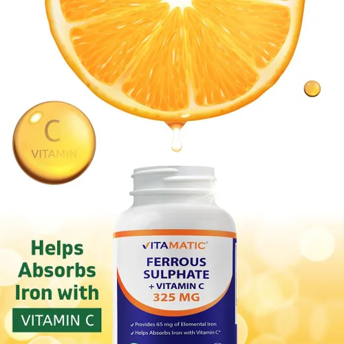 Miniatura 5 de Vitamatic Sulfato ferroso 325 mg con vitamina C 100 mg (65 mg de hierro elemental) – Suplemento de hierro de alta potencia – Sin